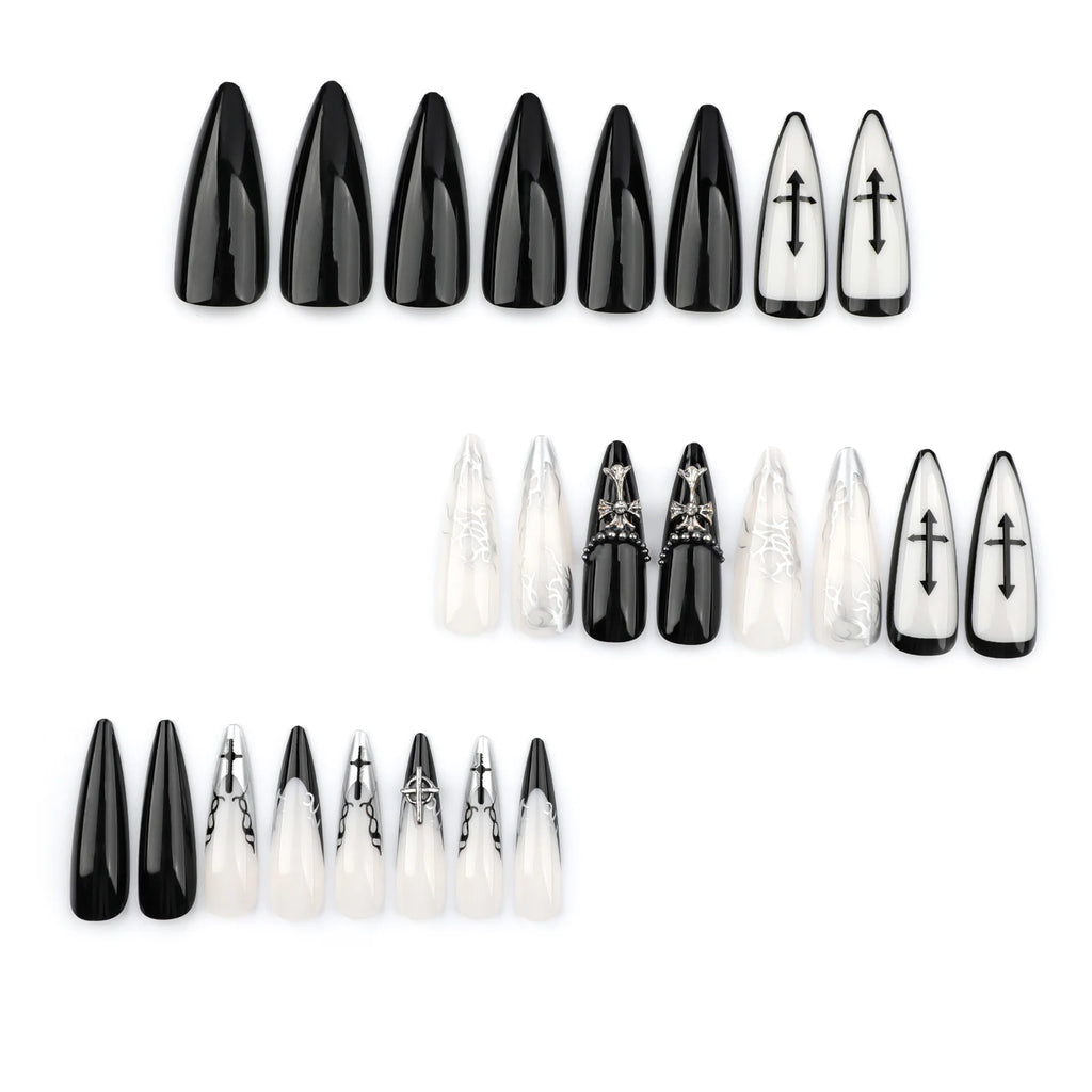 24Pcs Long Press on Nails, Acrylic False Nail Tips with Glue, Decorated Sticker Gel Fake Nails Set for Women, Nail Art Kit