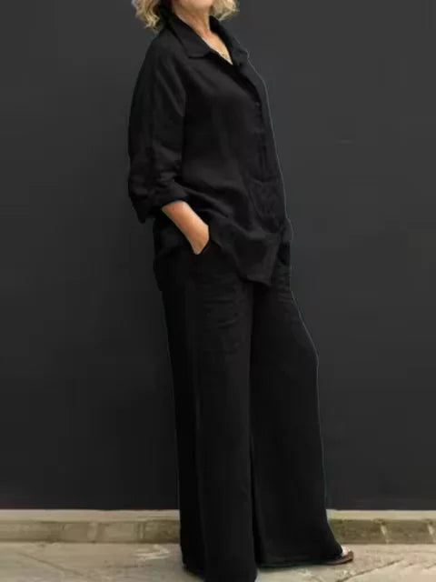 Women Linen Casual Shirt 2 Pieces Set Fashion Lapel Long Sleeve Button Blouse And Trousers Outfits Loose Wide Leg Pants Suits