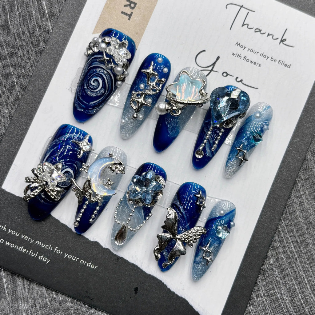 10Pcs High Quality Handmade Press on Nails Simple And Elegant  Royal Blue Depth Gentle And Graceful  Stick-on Nail Art Retro