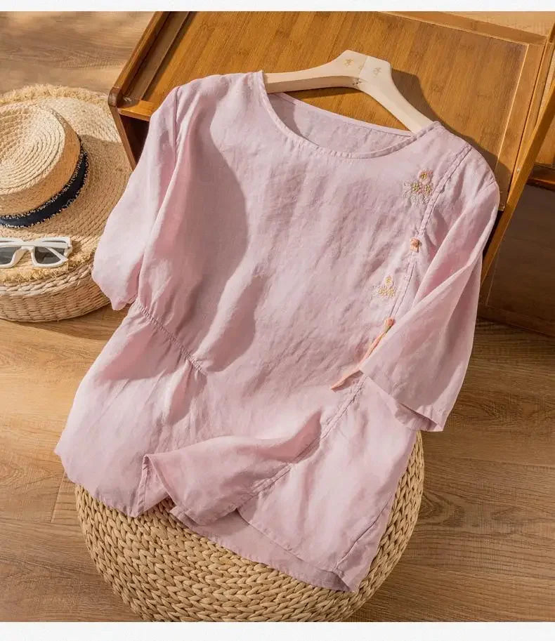 Short-sleeved Linen Tops with Folded Buttons of Artistic Retro Cotton Linen T-shirts Versatile Loose Embroidery 2025 Summer Tops