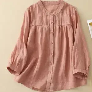 Women's Linen Cotton Blouse - Stand Collar 3/4 Sleeve Loose Fit Casual Shirt