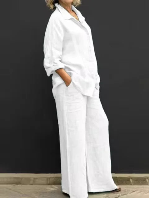 Women Linen Casual Shirt 2 Pieces Set Fashion Lapel Long Sleeve Button Blouse And Trousers Outfits Loose Wide Leg Pants Suits