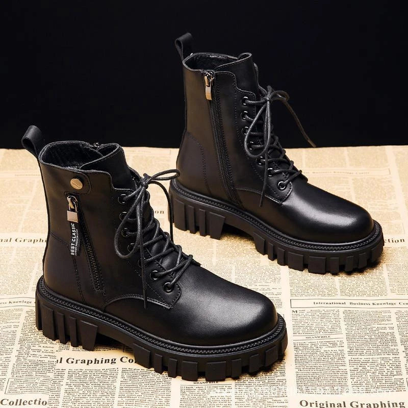Black Riding Boots for Women Spring and Autumn Single Boots Summer Thin Thick Soles Increased Heels Motorcycle Slim Short Boots
