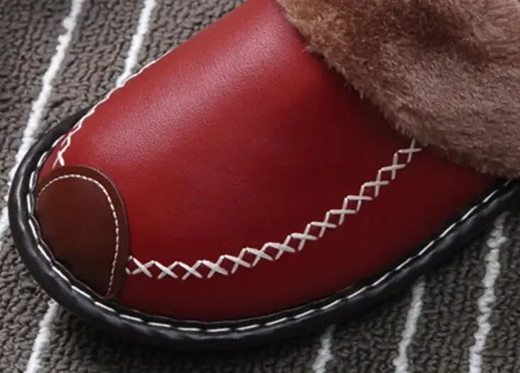 Men Women Winter Leather Slippers Bedroom Cotton Slippers Male Waterproof Thick Plus Velvet Indoor Warm House Home Slippers Shoe