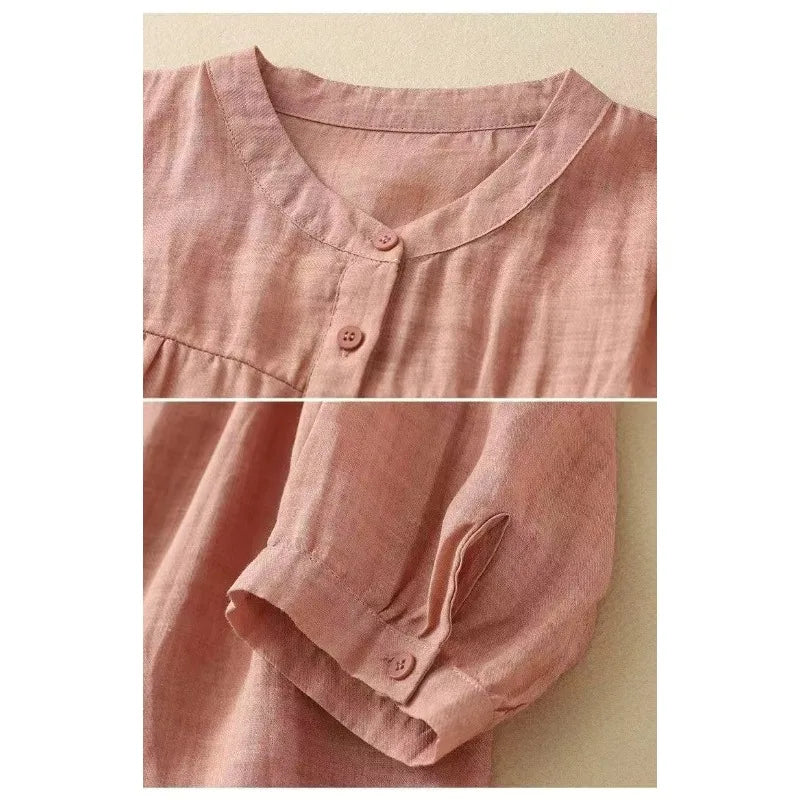Women's Linen Cotton Blouse - Stand Collar 3/4 Sleeve Loose Fit Casual Shirt