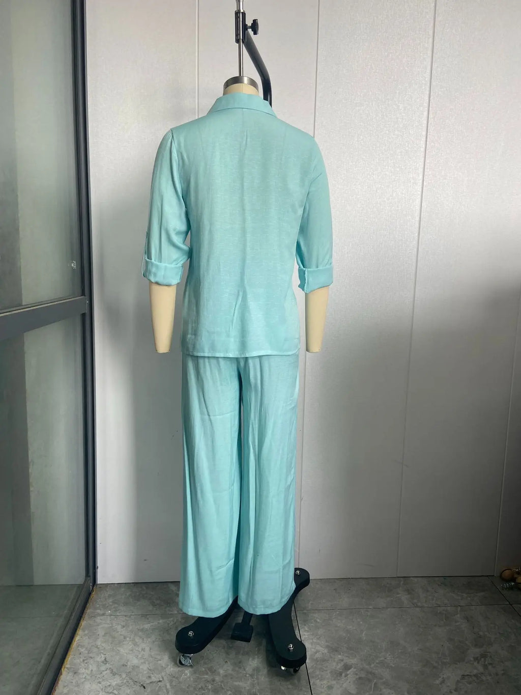 Women Linen Casual Shirt 2 Pieces Set Fashion Lapel Long Sleeve Button Blouse And Trousers Outfits Loose Wide Leg Pants Suits