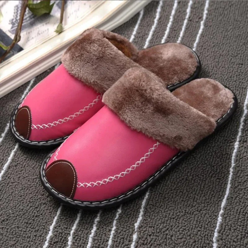 Men Women Winter Leather Slippers Bedroom Cotton Slippers Male Waterproof Thick Plus Velvet Indoor Warm House Home Slippers Shoe