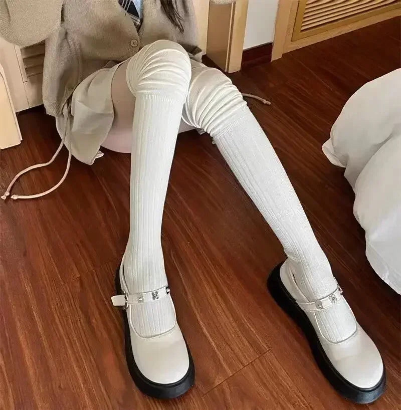 2pairs Women's Knee-length Socks Ladies Thigh-length SocksWarm Knitted Boot Socks Leg Warmers Japan JK Cotton Thigh High Bottoms