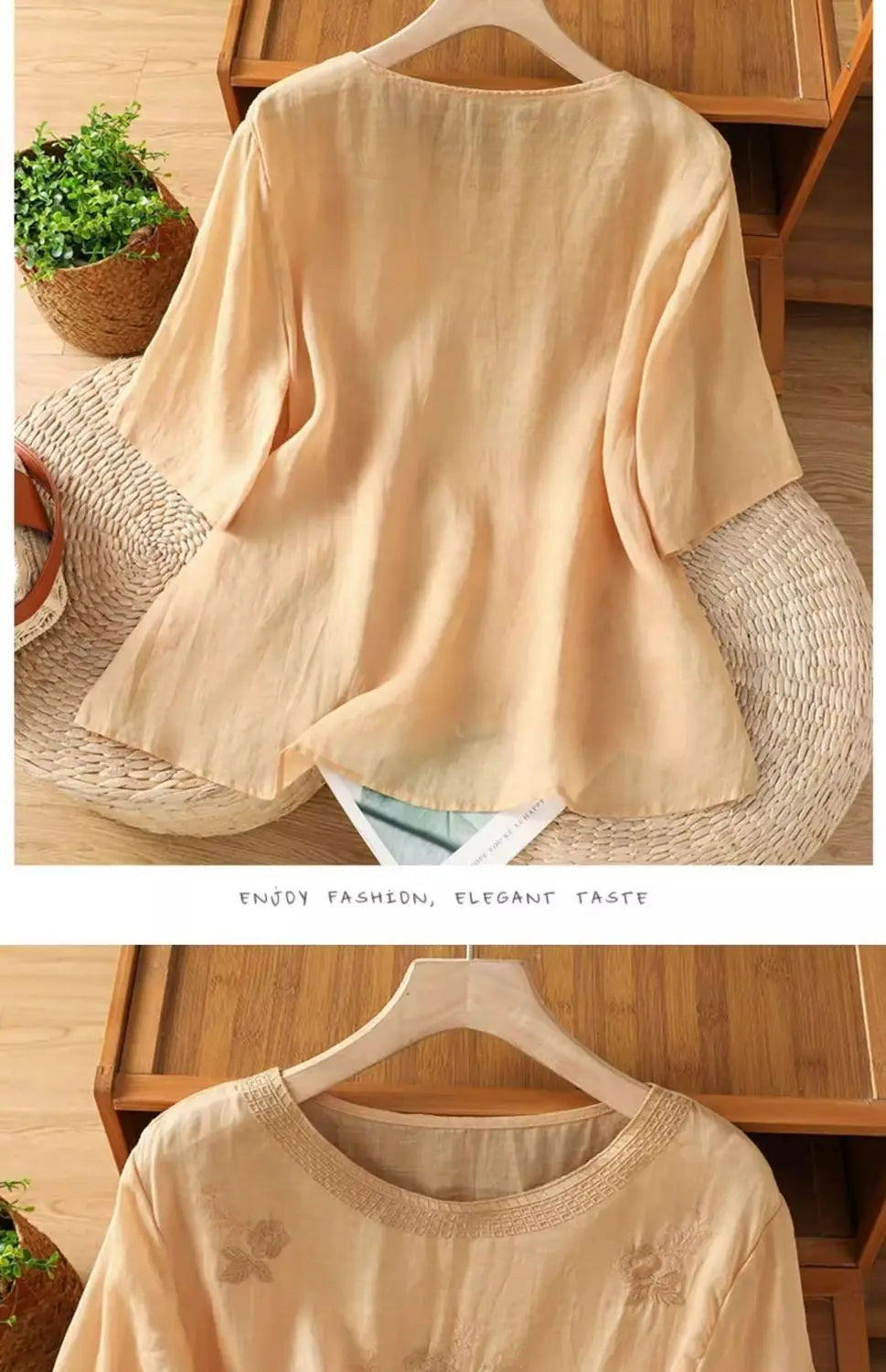Women's Casual Linen Blouse Floral Embroidery Round Neck Short Sleeve Side Split Loose Fit Summer Tops