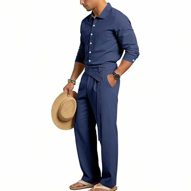 Men's Loose Fit Linen 2 Piece Outfit Solid Color Casual Long Sleeve Hooded Shirt & Long Pants Breathable Suit