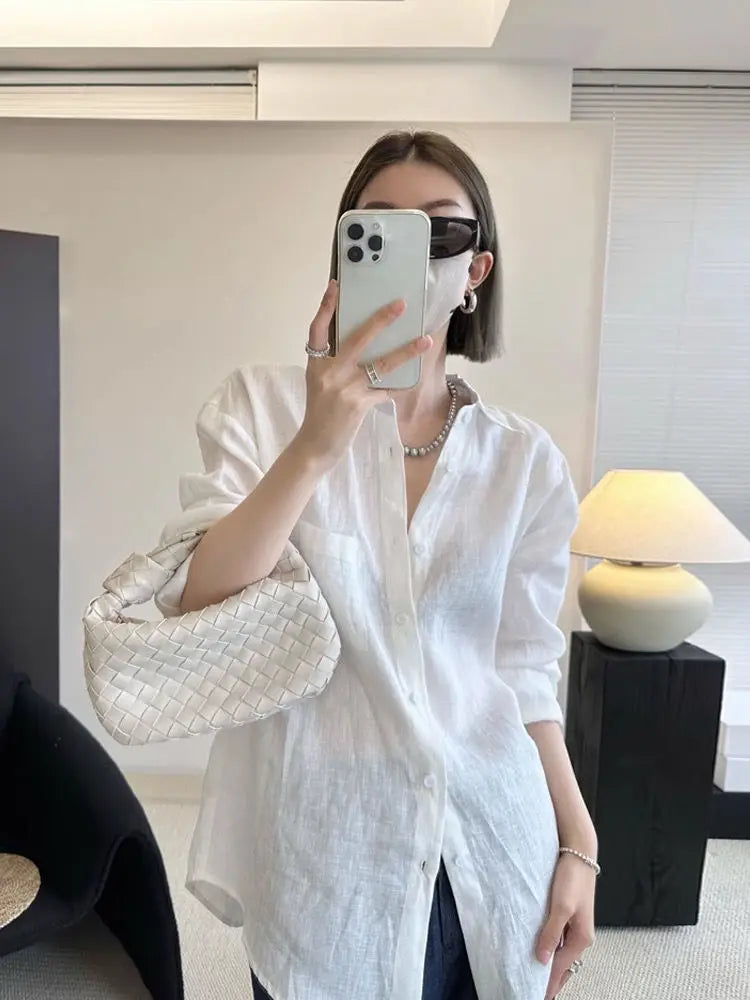 White Linen Long-sleeved Shirt for Women Summer Thin Loose Old Money Style Cotton and Linen Shirt with Sun Protection Top