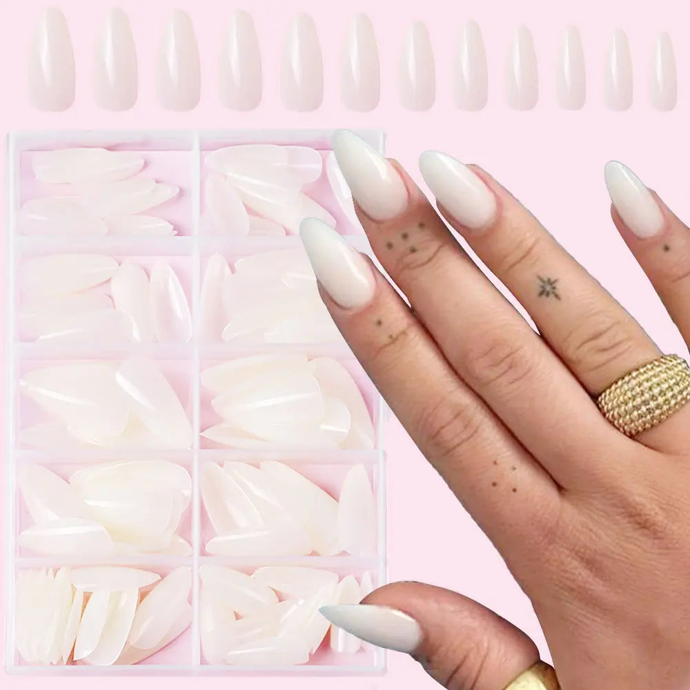 120pcs/box Red White Glossy Acrylic Medium Almond False Nails Solid Color Press-On Nails 12 Sizes Almond Artificial Fake Nails