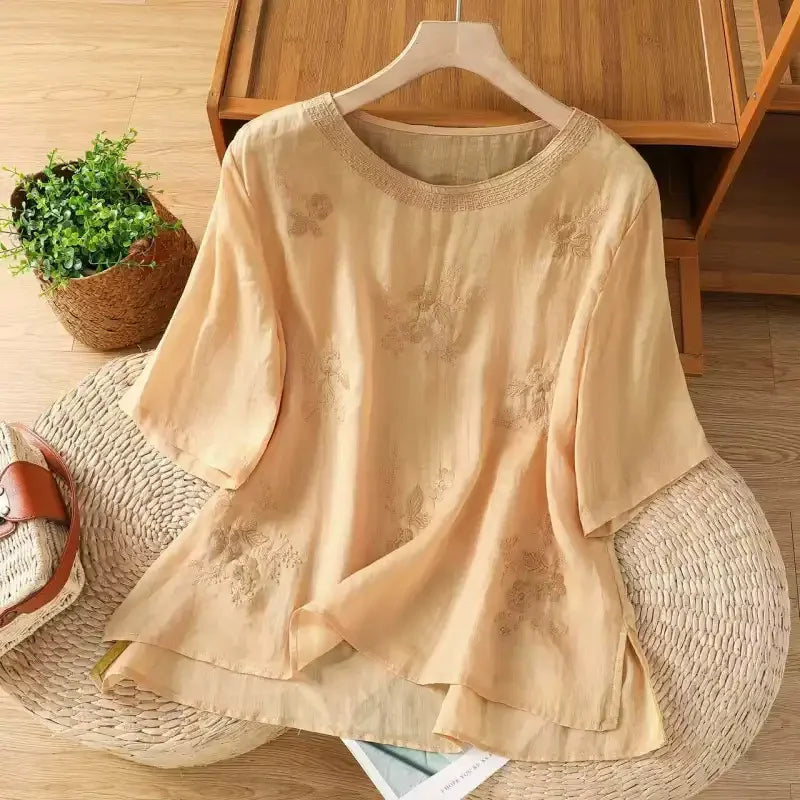 Women's Casual Linen Blouse Floral Embroidery Round Neck Short Sleeve Side Split Loose Fit Summer Tops