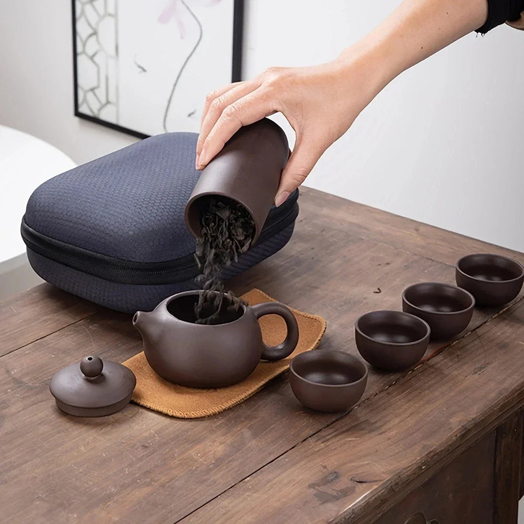 1set - Tea Set-Portable tea set with travel case, including teapot, teacup, tea can, tea cloth - Suitable for family use