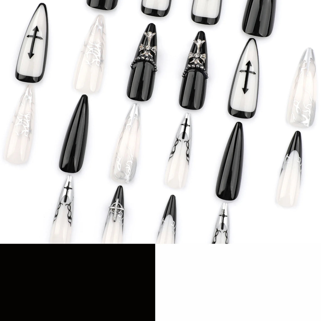 24Pcs Long Press on Nails, Acrylic False Nail Tips with Glue, Decorated Sticker Gel Fake Nails Set for Women, Nail Art Kit