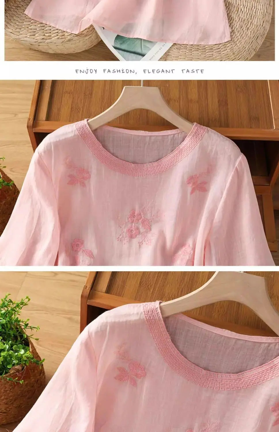 Women's Casual Linen Blouse Floral Embroidery Round Neck Short Sleeve Side Split Loose Fit Summer Tops