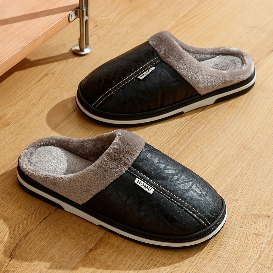 Bedroom Fashion Warm Soft Winter Men's Slippers Indoor Comfy Casual Big Size Anti-slip PU Surface Waterproof Home Plush Shoes