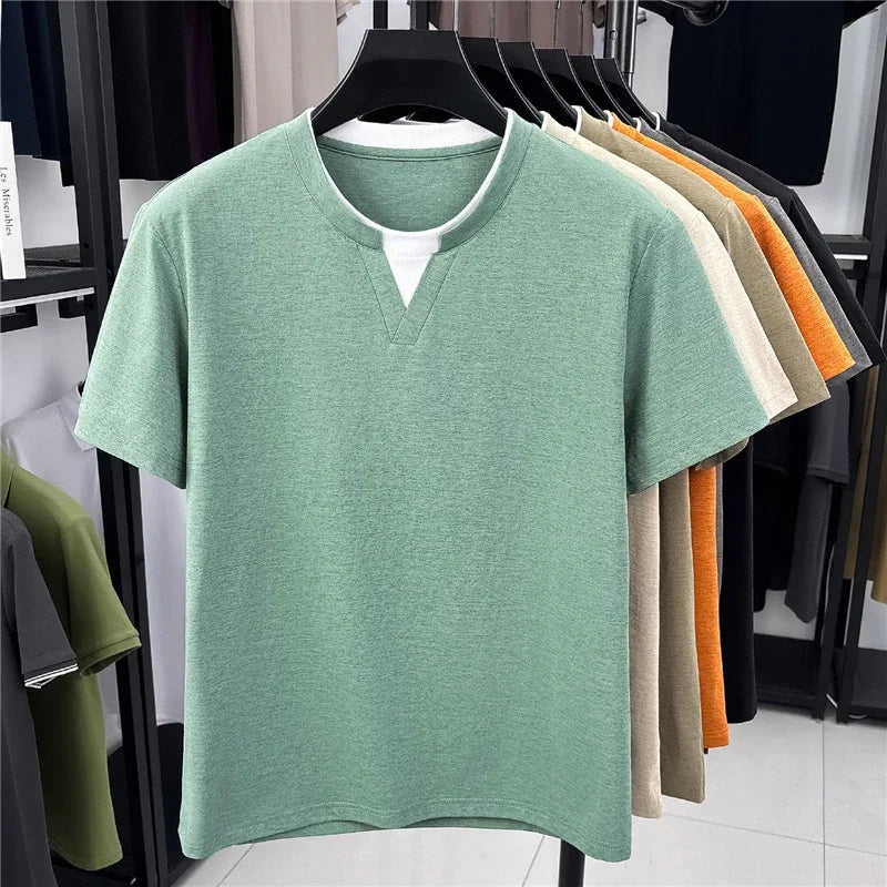 Men's Fashion V Neck T Shirt With Fake Two Piece Detail Soft Elastic Fabric For Daily And Casual Use