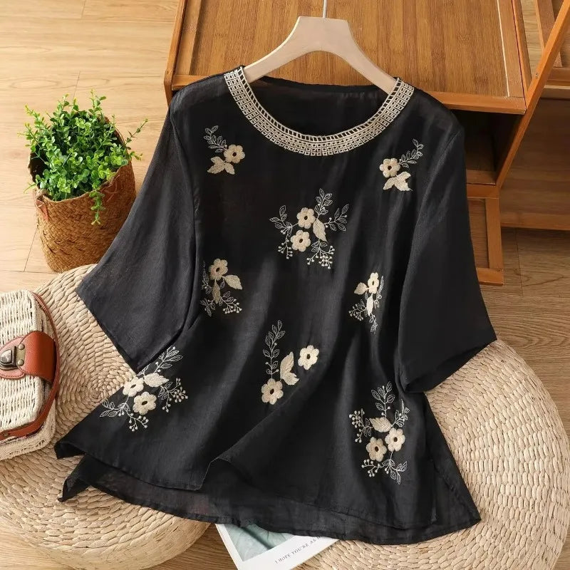Women's Casual Linen Blouse Floral Embroidery Round Neck Short Sleeve Side Split Loose Fit Summer Tops