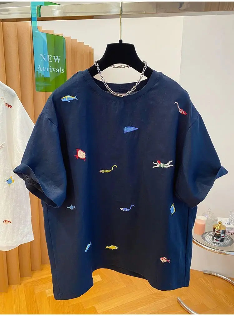Embroidered Cotton Linen Short-sleeved T-shirt Summer New Loose Casual Round Neck Top for Women