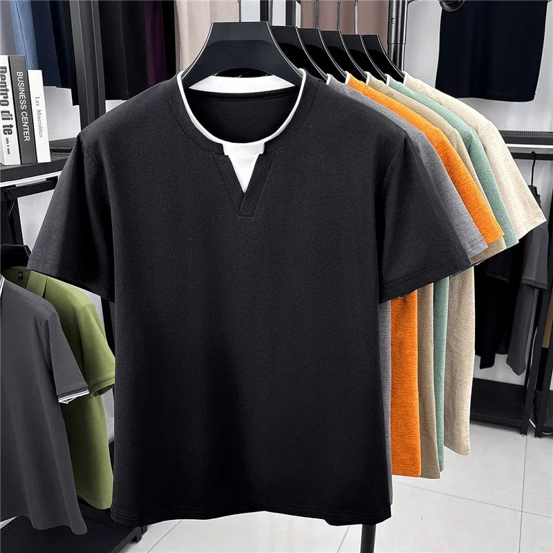 Men's Fashion V Neck T Shirt With Fake Two Piece Detail Soft Elastic Fabric For Daily And Casual Use