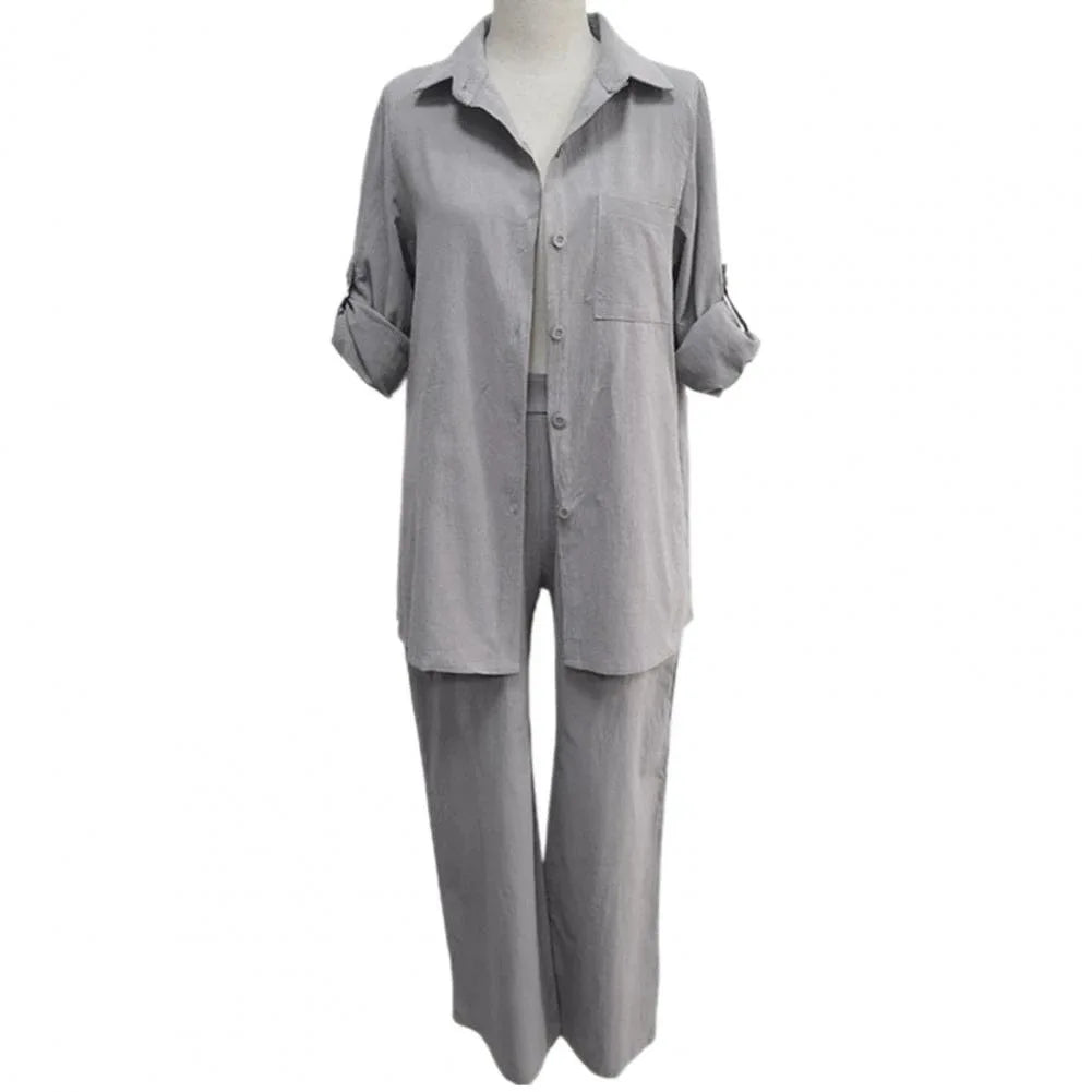 Elegant Solid Cotton Linen Shirt 2 Piece Set For Women Casual Outfits Autumn Long Sleeve Pocket Top Wide Leg Pants Suits Female