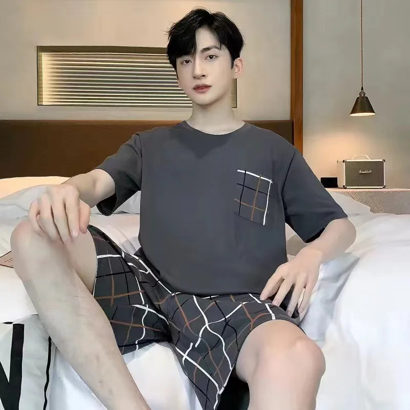 Men’s Pajamas Summer Short Sleeve Thin Loose Comfortable Casual Loungewear Set 2 Piece Set Casual Simple Sleepwear Homewear