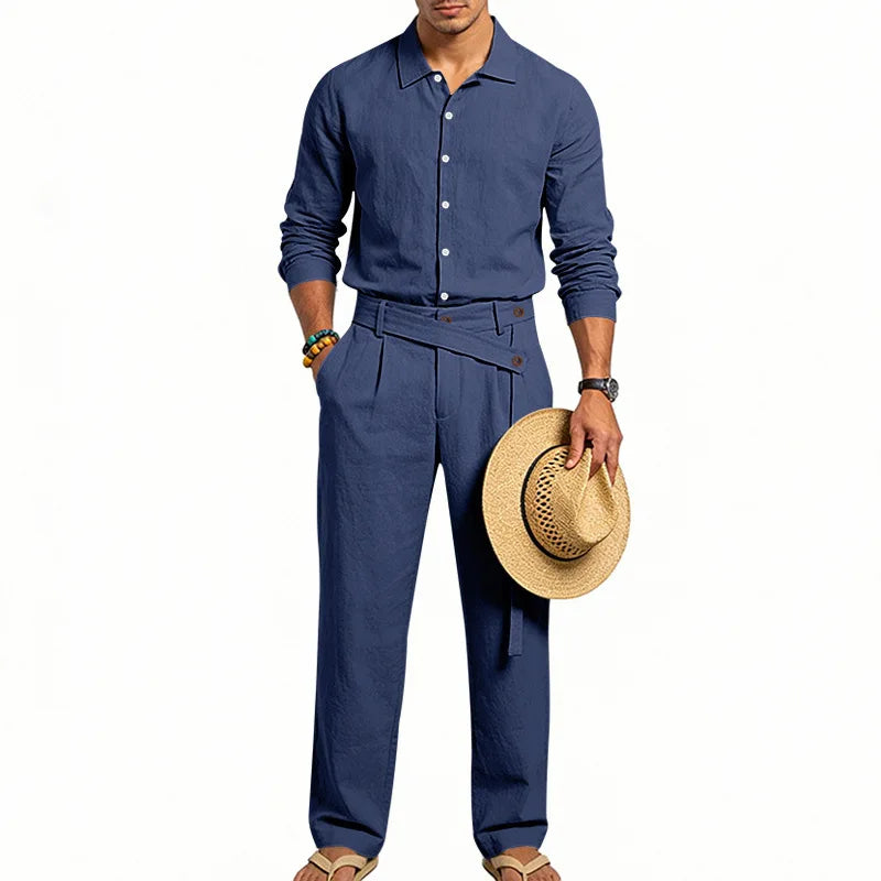 Men's Loose Fit Linen 2 Piece Outfit Solid Color Casual Long Sleeve Hooded Shirt & Long Pants Breathable Suit