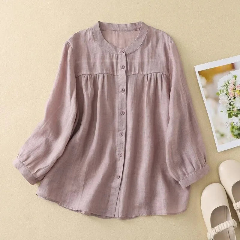 Women's Linen Cotton Blouse - Stand Collar 3/4 Sleeve Loose Fit Casual Shirt