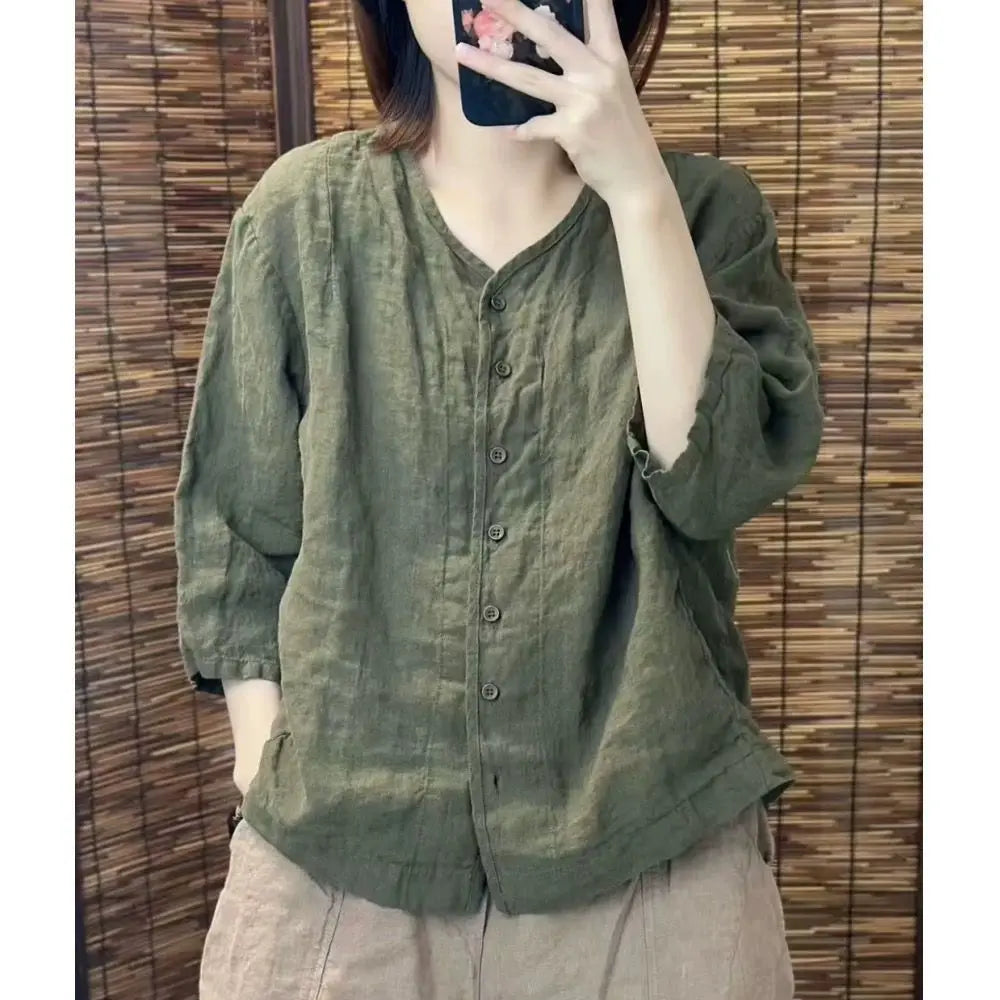 2025 New Solid Color Linen Loose Top Artistic Casual Three-quarter Sleeve Cardigan Shirt