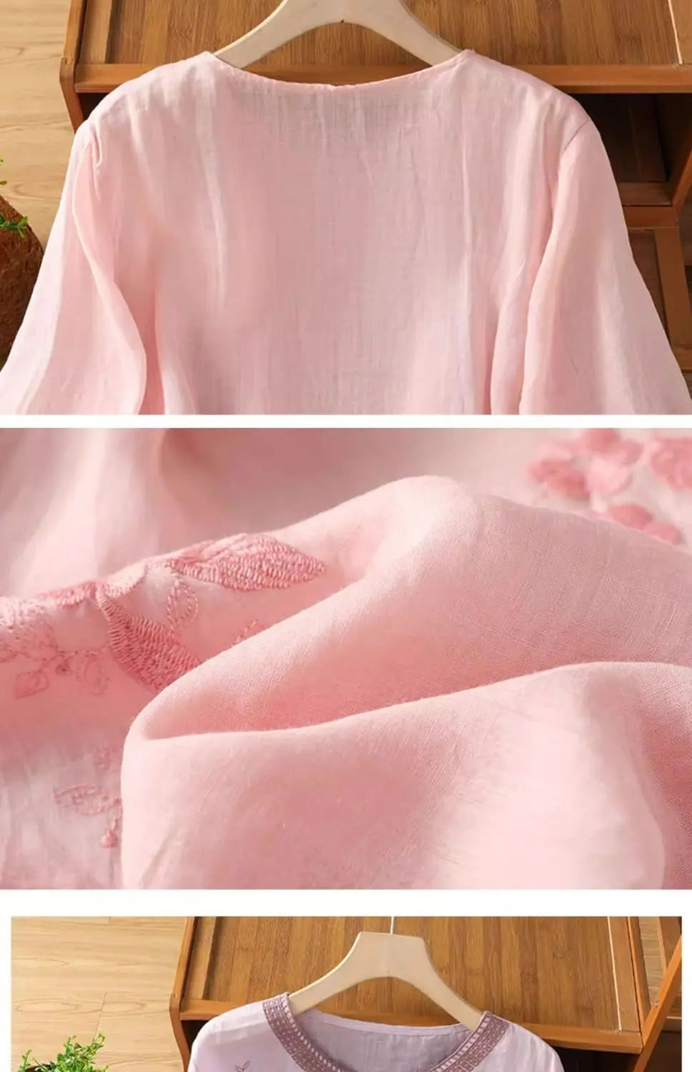 Women's Casual Linen Blouse Floral Embroidery Round Neck Short Sleeve Side Split Loose Fit Summer Tops