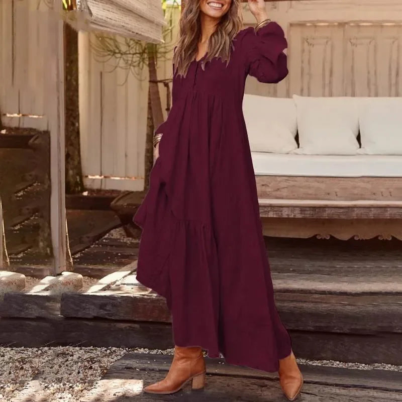 New Cotton Linen Retro Large Hem Long Dresses Casual Long Sleeved For Women Fashion Solid Color Single Breasted Skirt Spring
