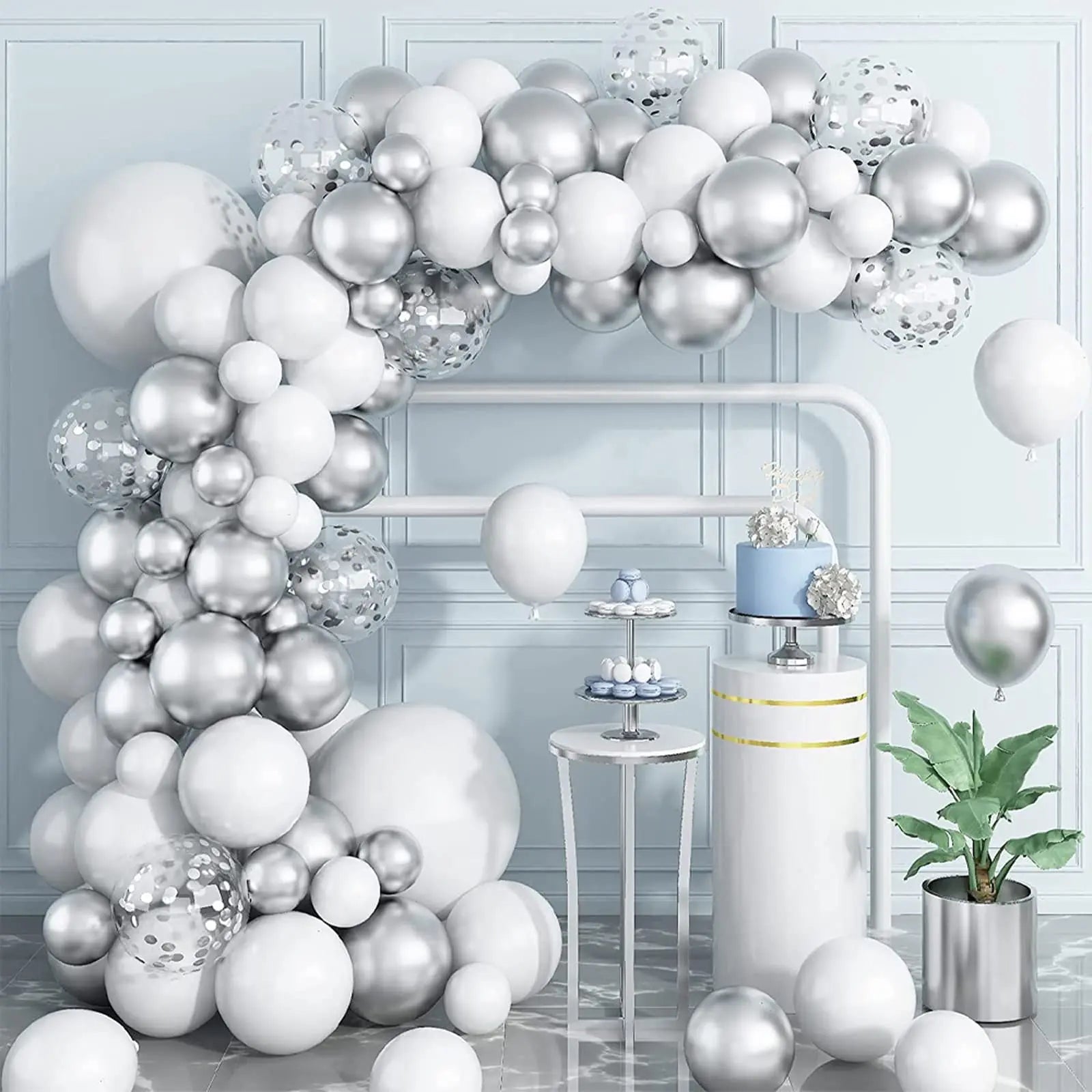 130Pcs Silver White Latex Garland Balloon for Wedding, Birthday, Pop Party, Bridal Shower, Graduation Decoration Balloon, Fa