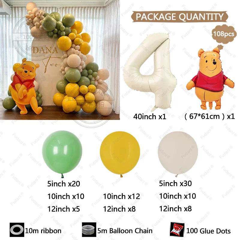 108Pcs Winnie The Pooh Latex Arch Garland Balloon Winnie Party Supplies Bear Party Balloons for Baby Shower Birthday Party Decor