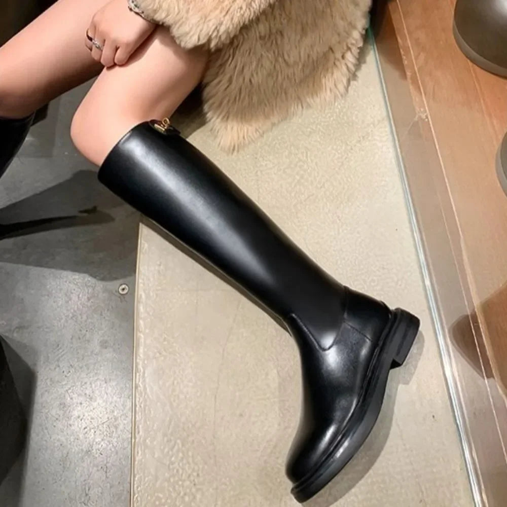 Women's Long Boots Round Toe Winter 2025 Ladies Knee High Shaft Shoes Large Size Warm Spring Autumn Y2k Trend Pu Hot Work Sale