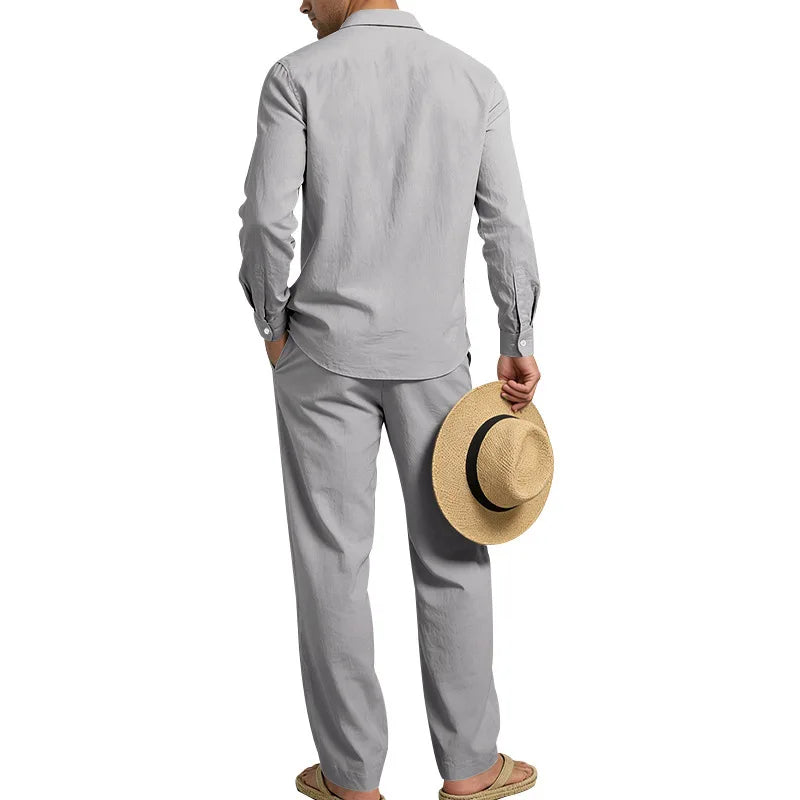 Men's Loose Fit Linen 2 Piece Outfit Solid Color Casual Long Sleeve Hooded Shirt & Long Pants Breathable Suit