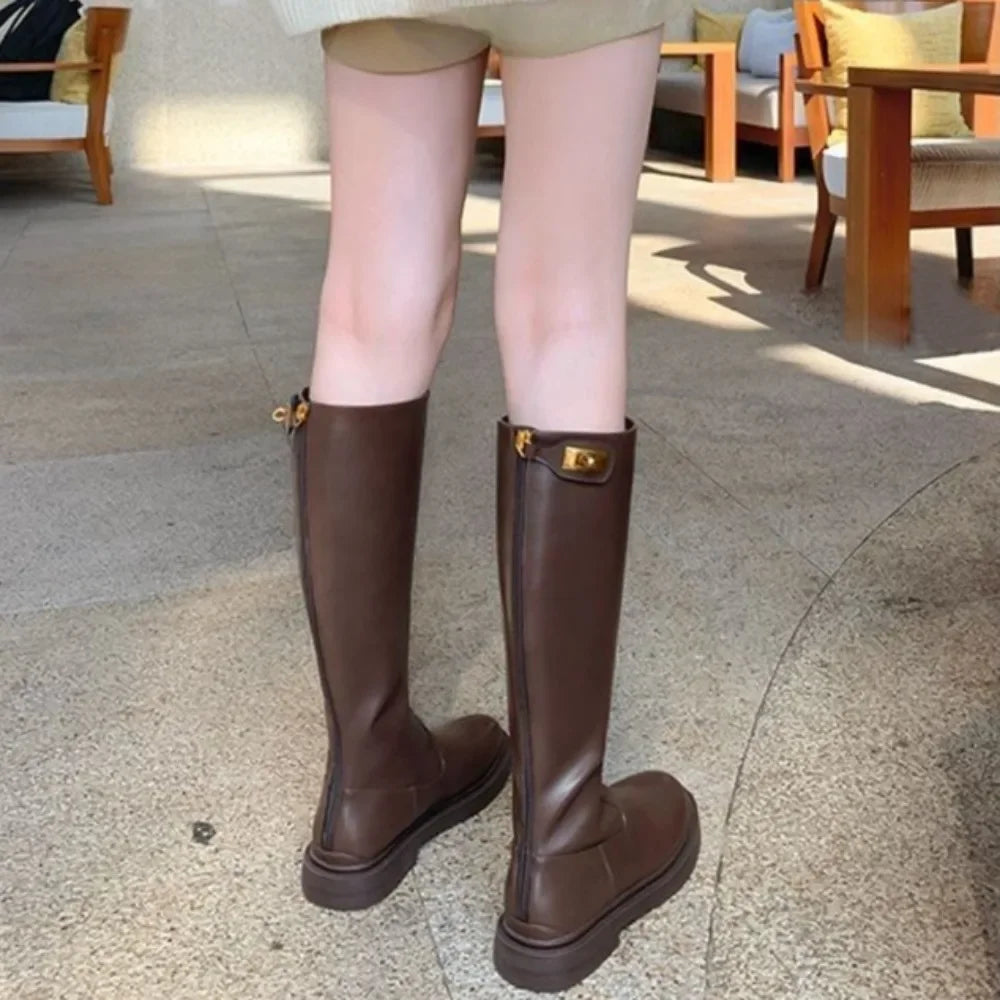 Women's Long Boots Round Toe Winter 2025 Ladies Knee High Shaft Shoes Large Size Warm Spring Autumn Y2k Trend Pu Hot Work Sale