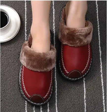 Men Women Winter Leather Slippers Bedroom Cotton Slippers Male Waterproof Thick Plus Velvet Indoor Warm House Home Slippers Shoe