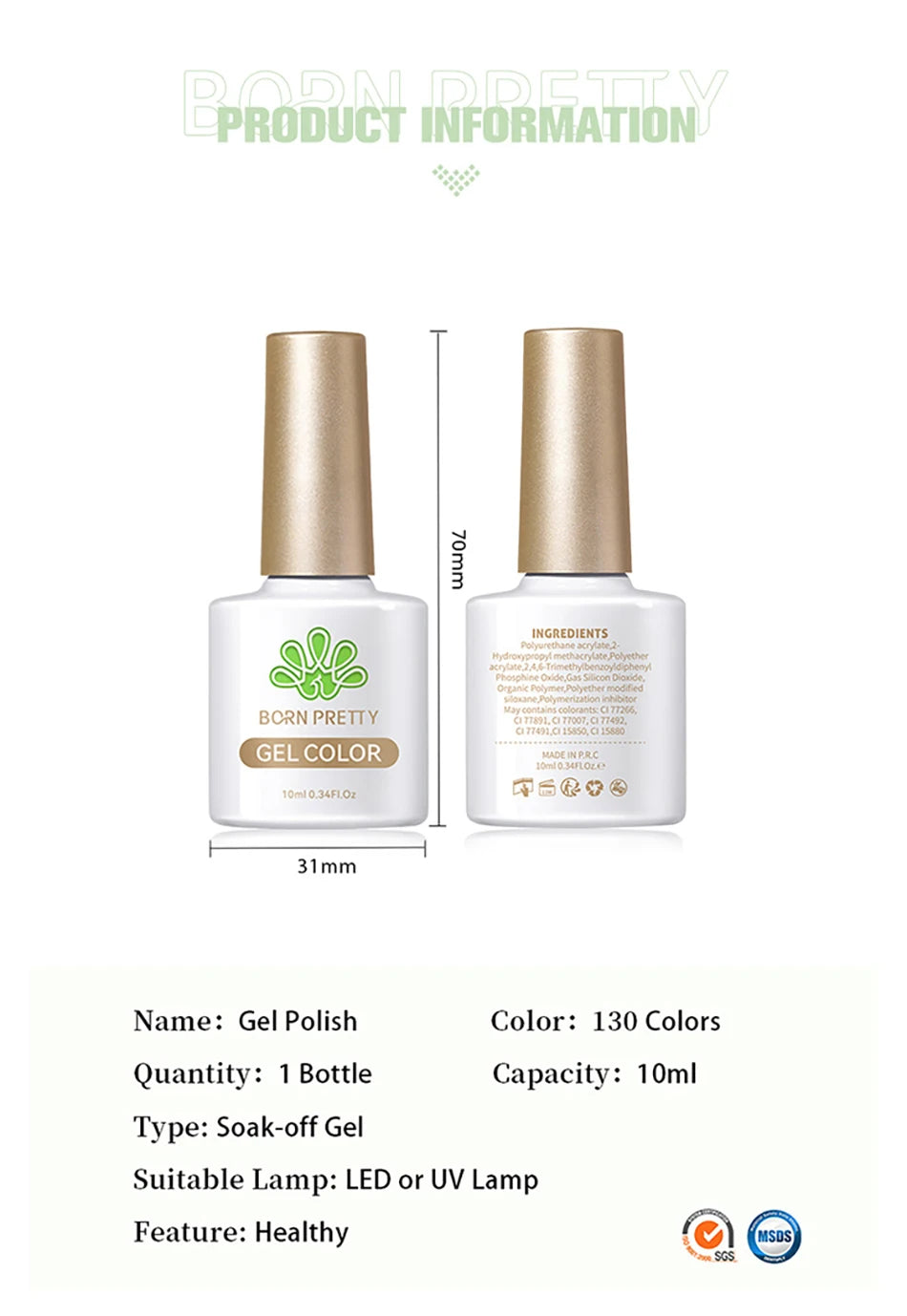 BORN PRETTY 10ml Gel Nail Polish Gel 130 Colors Semi Permanent Solid Nail Gel Varnish Soak Off UV Gel for Base Top Coat