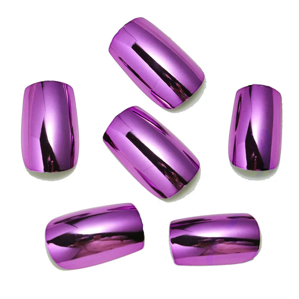 24pcs/set short fake nails metallic red black rose green blue silver golden square tips mirror effect press on false nail art