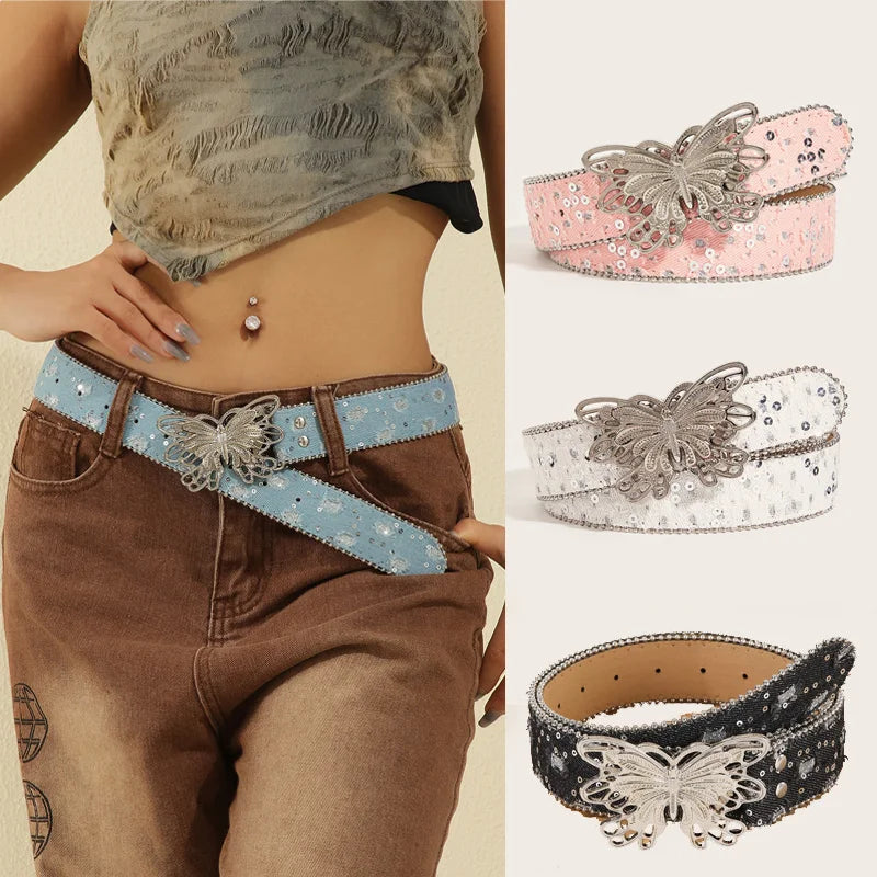 Y2K Butterfly Leather Belt For Women Pink Waistband Punk Waistband Retro Bride Decoration Gothic Accessories Dress Jeans Belt