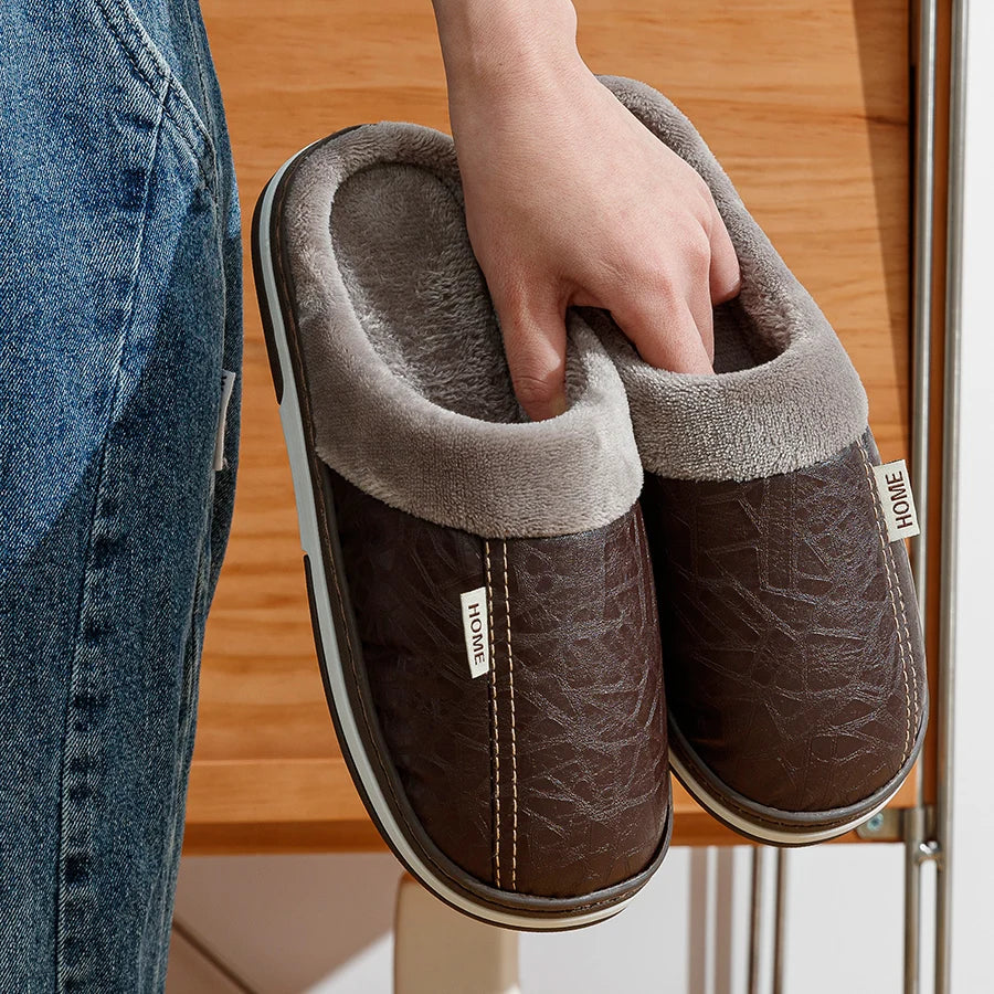 Bedroom Fashion Warm Soft Winter Men's Slippers Indoor Comfy Casual Big Size Anti-slip PU Surface Waterproof Home Plush Shoes