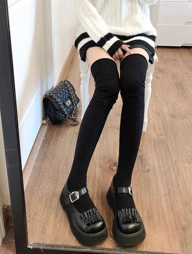 2pairs Women's Knee-length Socks Ladies Thigh-length SocksWarm Knitted Boot Socks Leg Warmers Japan JK Cotton Thigh High Bottoms
