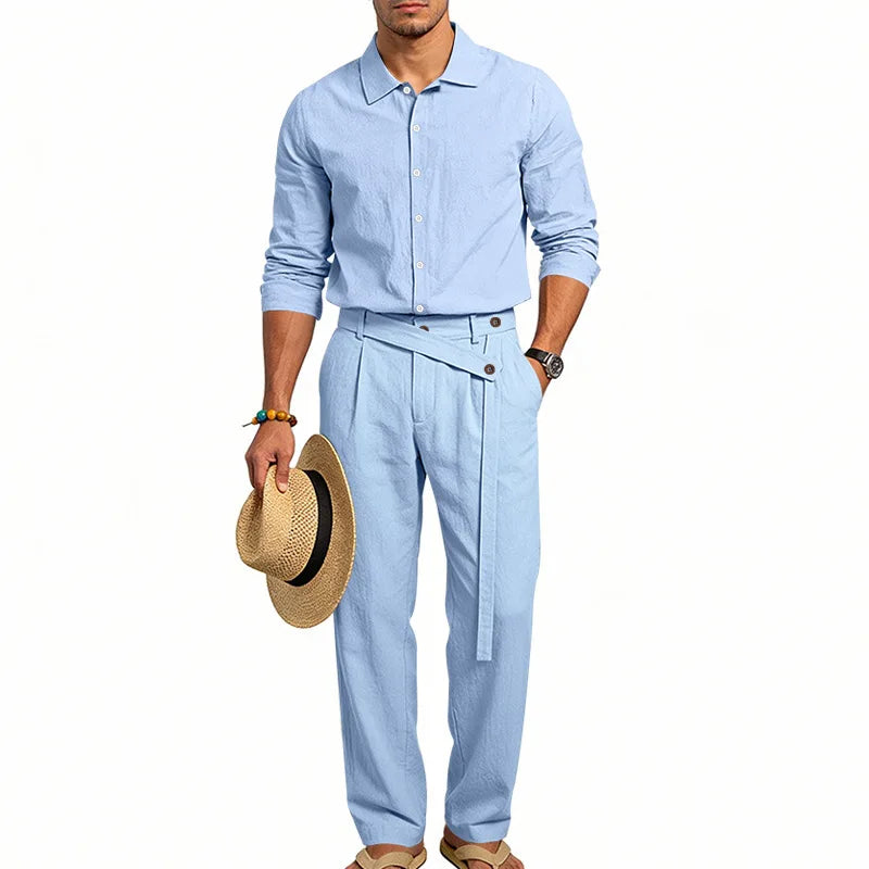 Men's Loose Fit Linen 2 Piece Outfit Solid Color Casual Long Sleeve Hooded Shirt & Long Pants Breathable Suit