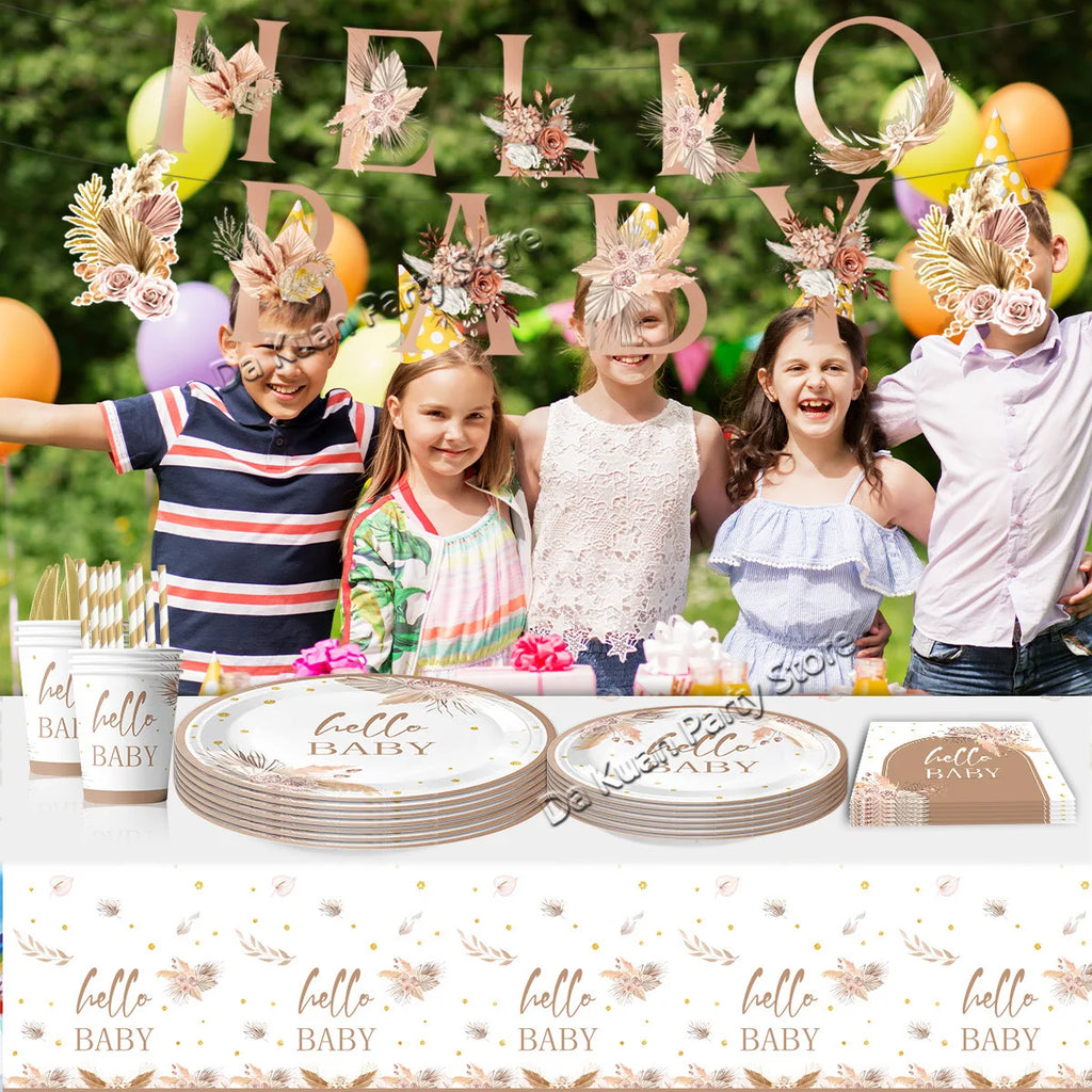 Welcome Hello Baby Girl Boy Banner Flags Garland Balloons for Baby Shower Birthday Gender Reveal Party Background Decoration