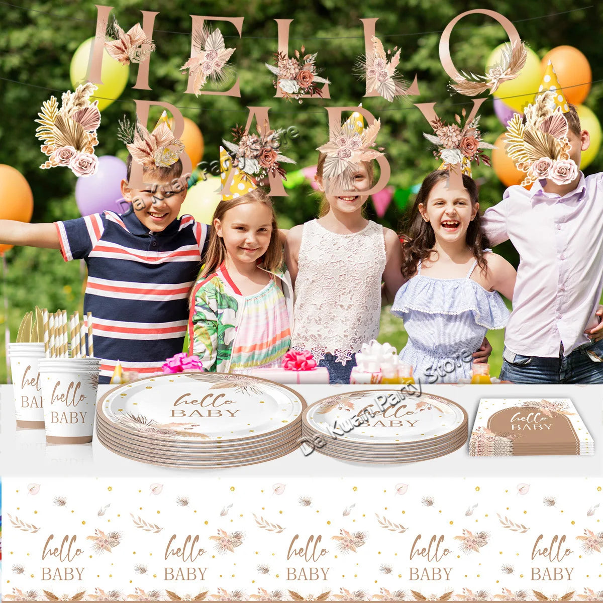 Welcome Hello Baby Girl Boy Banner Flags Garland Balloons for Baby Shower Birthday Gender Reveal Party Background Decoration