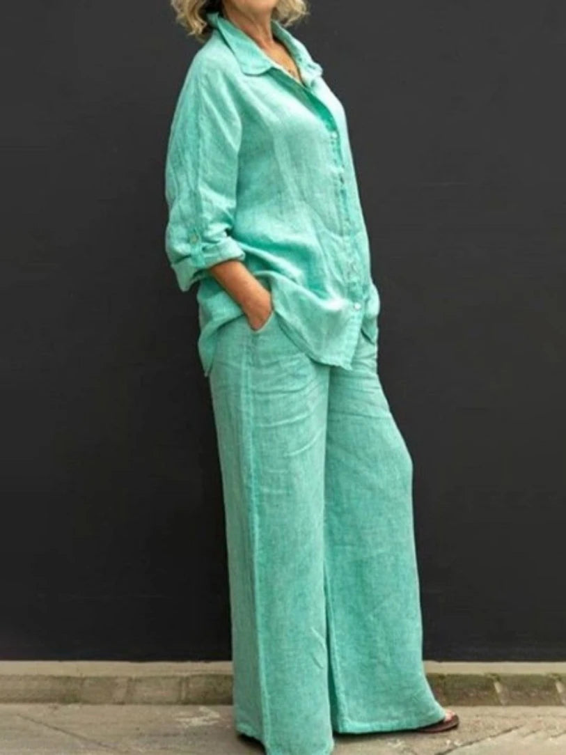 Women Linen Casual Shirt 2 Pieces Set Fashion Lapel Long Sleeve Button Blouse And Trousers Outfits Loose Wide Leg Pants Suits
