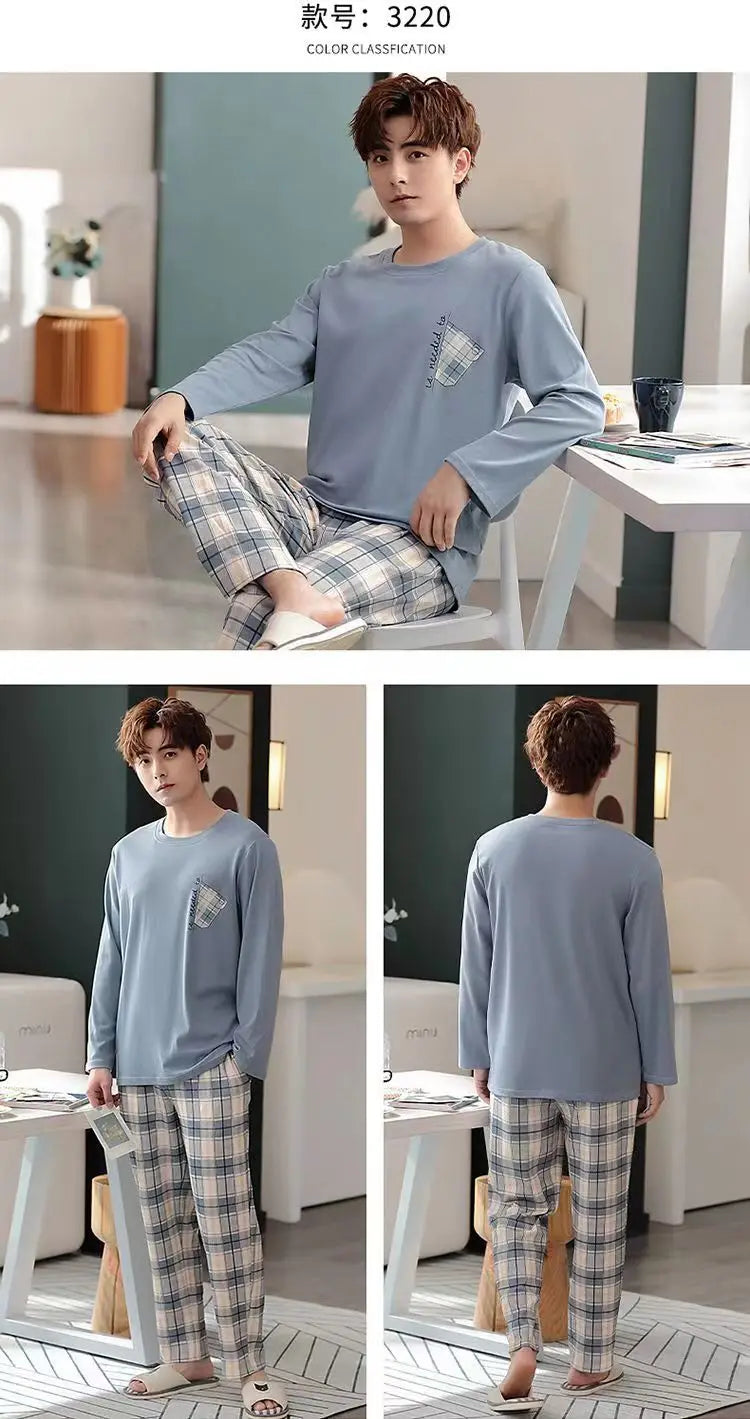 Men's Casual Pyjamas - Long-Sleeved Spring/Autumn Homewear Lightweight Pyjama Set for Young and Middle-Aged Men in Autumn/Winter