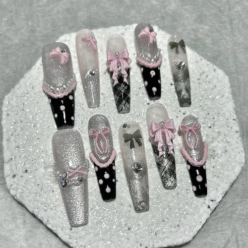 10PCS Y2K Black Pink French Handmade Press On Nails Cute Lace Ribbon Polka Dot Bow Long Nail Art Sweet Edgy Glitter Fake Nails