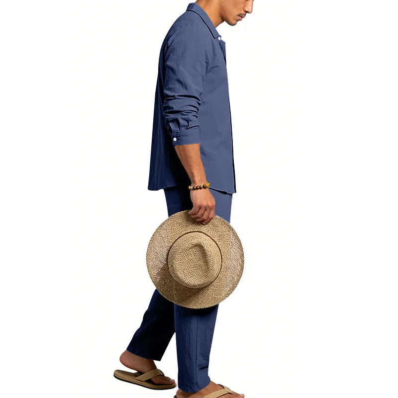 Men's Loose Fit Linen 2 Piece Outfit Solid Color Casual Long Sleeve Hooded Shirt & Long Pants Breathable Suit